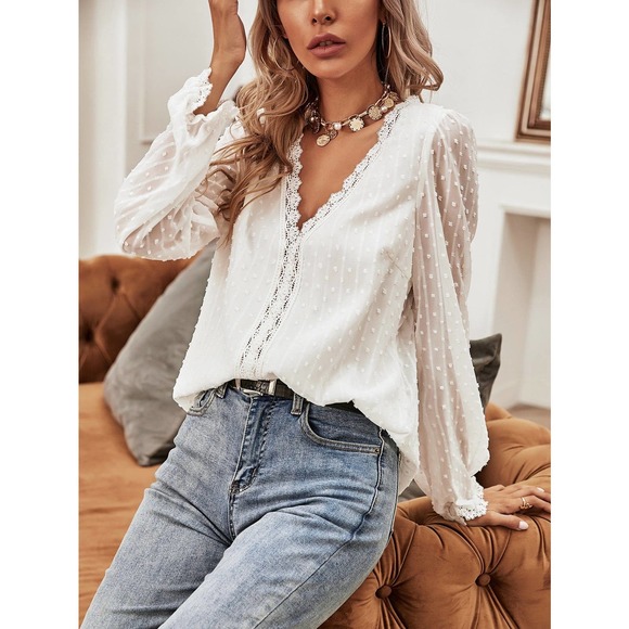 . Tops - ❗️ boho v neck Swiss Dot Lace Panel long sleeve Blouse sheer sleeves white